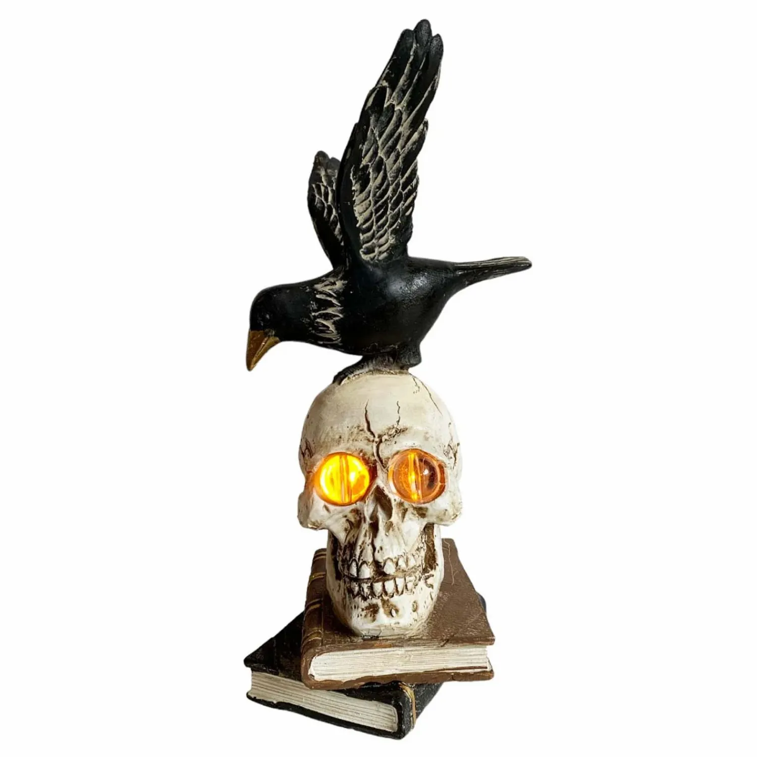flying_black_raven_with_glowing_lighted_skull_on_book___tall_0.webp Flying Black Raven With Glowing Lighted Skull On Book - 13" Tall>Roger's Gardens Best