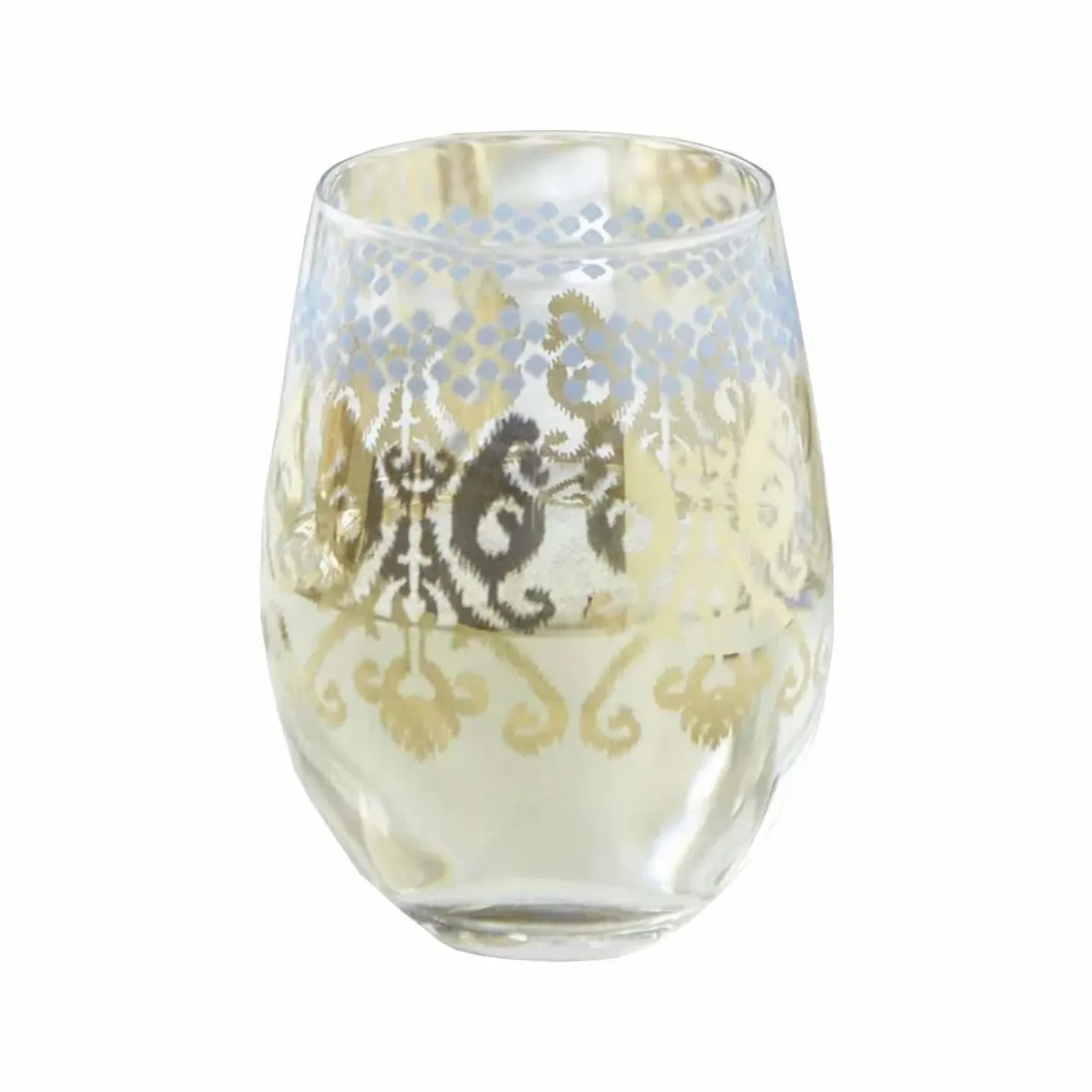 golden_ikat_stemless_glass_0.webp Golden Ikat Stemless Glass>Roger's Gardens Shop