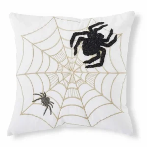 White Halloween Pillow With Embroidered Spiders & Web - 18" X 18">Roger's Gardens Store